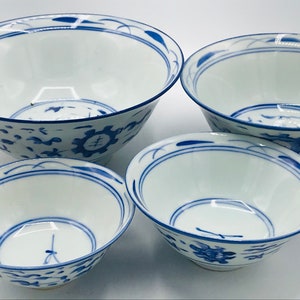 Vintage Nesting Rice Bowl Set of 4 Blue and White with hand painted floral design Chip Free image 2