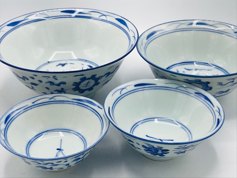 Vintage Nesting Rice Bowl Set of 4 Blue and White with hand painted floral design Chip Free image 2