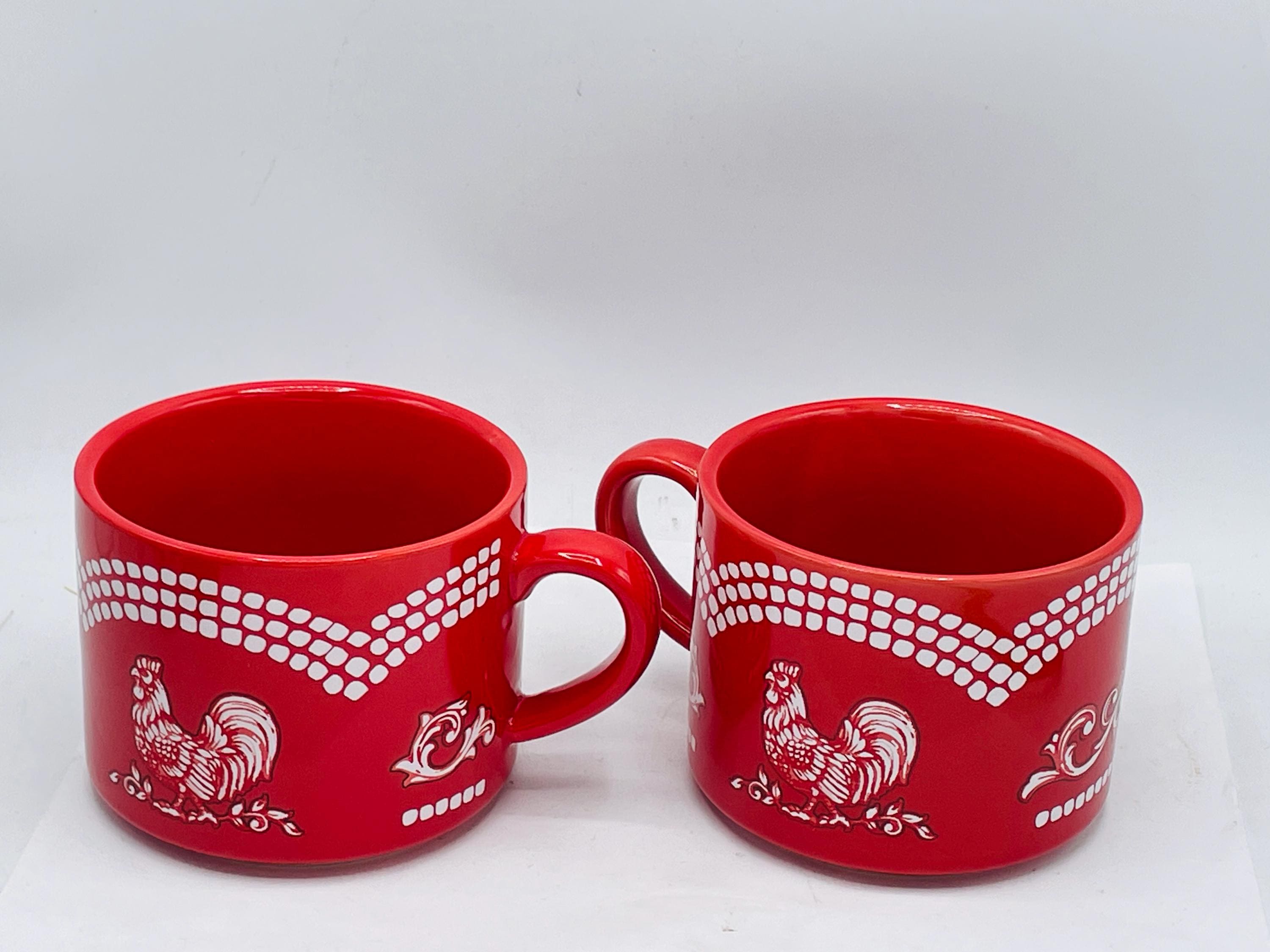 Set of (2) Temptations Doodle Doo Rooster Mugs- Red and White 14