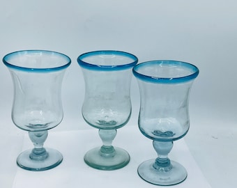 Authentic Mexican Handmade 16 oz Hurricane Glasses, Set of 3- Aqua Rim