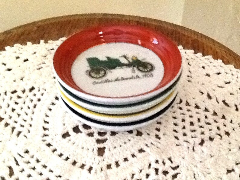 Vintage Set of Four Old Car Theme Ceramic Coasters or Trinket Trays image 3