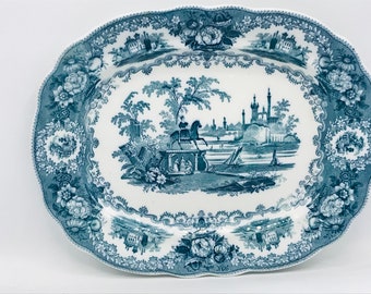 Vintage Large Wood & Brownfield "Grecian Statue" Staffordshire Transferware Platter- Green- Rare Find Excellent Condition