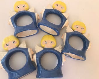 Vintage Set of  (5) Ceramic Angels- Hand Painted- Napkin Rings-Great Condition