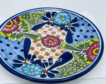 VIntage Mexican Talavera Pottery Plate-Beautiful for Display-Signed Mexico-Hand Made-Decorative-Cobalt Blue and Yellow- Bright Colors 9 3/4"