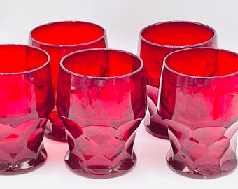 Pretty Set of (5) Ruby Red- Cranberry Glass  "Georgian" pattern drinking glasses- 4" tall