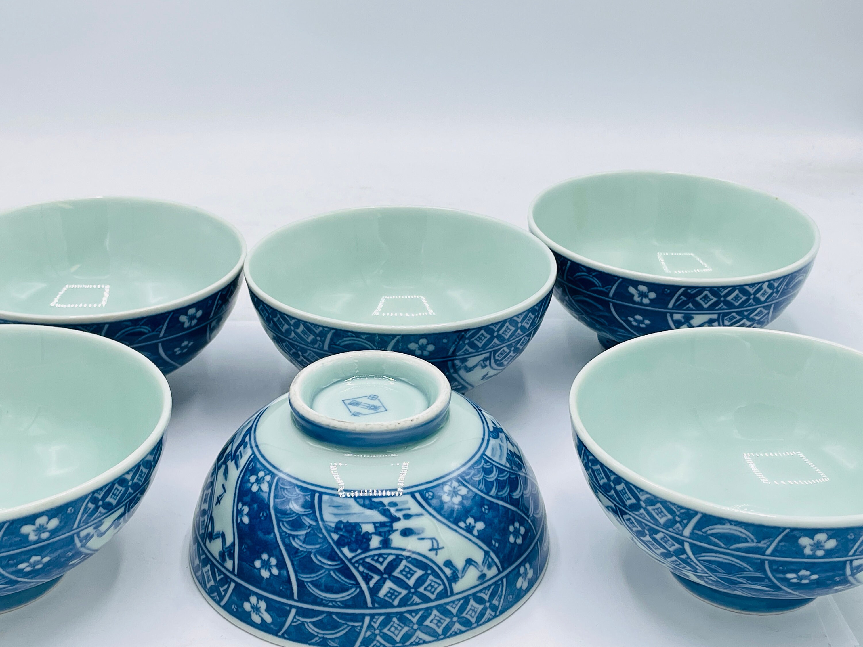 Vintage 6 PC of Blue,  Light Green  Asian Rice Bowls  with lovely design-4.5" X 2.5"