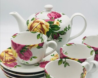 Royal Albert Country Rose 9 Piece Tea Set Teapot 4 Cups & 4 Saucers