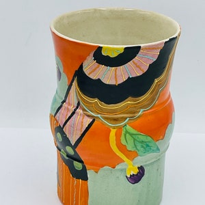 Vintage  Japan Vase, Orange Black Floral Design Cylinder shaped- Chip Free- 6 1/8&quot; x 4&quot;