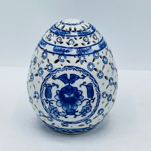 Vintage Bombay Co Decorative Ceramic Egg Floral Blue White Reticulated image 1