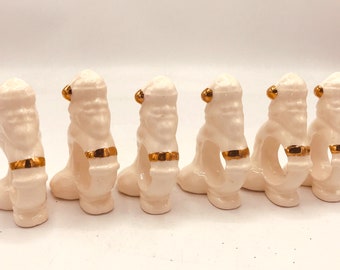 Vintage Set of  (6) Ceramic Santas- Hand Painted- Napkin Rings-Great Condition- White and Gold