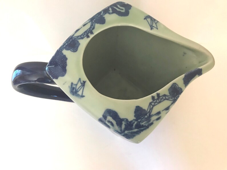 Vintage Flow Blue and White Transferware Pitcher Square Unusual image 2