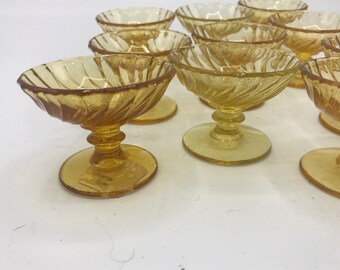 Vintage Set of (10) small Swirl  Pattern Yellow Amber Dip Salt Cellars butter Cups Pedestal Miniature