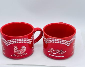 Set of (2) Temptations Doodle Doo Rooster Mugs- Red and White 14