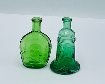 Vintage (2) Miniature Green Liberty Bell Bottle and Ben Franklin- Taiwan-3"