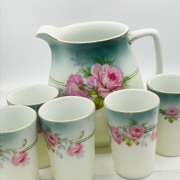 Antique  6 PC Pitcher and Tumbler Set- Porcelain- Hand Painted Roses - Prince Regent China Co. L.D.B. & CO GERMANY'