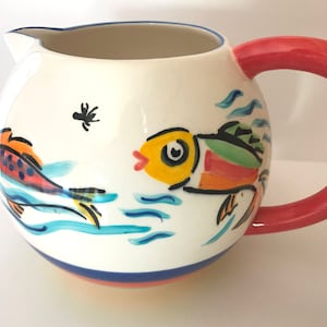 Vintage Les Tropiques Hand Painted Ball Jug Pitcher- Swimming Fish- Bright Colors- Phillipines