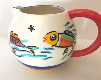 Vintage Les Tropiques Hand Painted Ball Jug Pitcher- Swimming Fish- Bright Colors- Phillipines