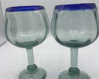 Vintage pair of extra large  Handmade Blown Mexican Margarita or Wine Glasses  Cobalt Blue Rim- Hold over 21 ounces Balloon shape