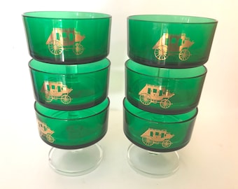 Vintage (6) Arcoroc France  'Cavalier' Sherbet  Cordial Glasses set Emerald  Green with Clear  Stem and Gold Stage coach design