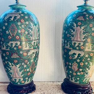 Vintage Extra Large Green Asian Lamps with Wood Stand- Amazing Detail- Great Condition