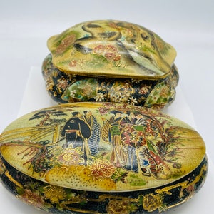 Vintage (2) Royal Satsuma Overlay Trinket Keepsake Box with Domed Lid Hand Painted