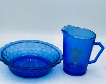 Vintage 2 PC   Shirley Temple cobalt blue honey comb pattern Cereal Bowl & Pitcher- Hazel Atlas