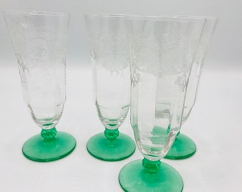 VIntage set of four (4) Etched   Paneled Cordial or parfait Glasses with Green Stems- Nice Condition