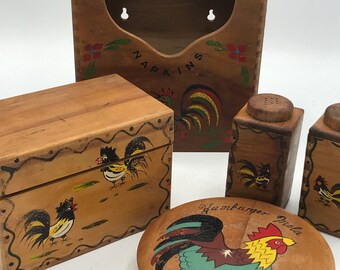 Vintage 1950's set Solid Wood Folk Art Rooster Napkin Holder, Recipe Box Salt and Pepper Shaker and  Hamburger Press