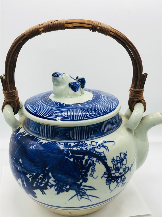 Antigua tetera japonesa porcelana azul blanco meiji período 19th siglo  extra grande sobre un galón Caña Mango Foo Perro Tapa 11 -  México