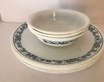 Vintage 9 PC Old Town Blue Onion Pattern Correlle (6) Dinner Plates and (3) Bowls