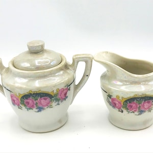 Vintage Small Individual Lusterware  Hand Painted Rose Border Made in Japan  Sugar & Creamer - Chip Free