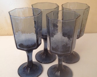 Vintage  Set of (4)  Libbey "Facets" Dusty Blue Wine  Glasses- 8 ounce size