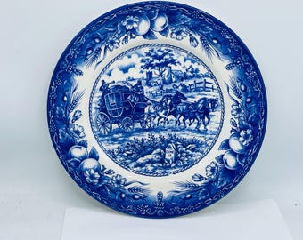 Royal Stafford Coaching Scene Blue Dinner Plate 10.5" Mint Condition B;ie and White- Discontinued Pattern