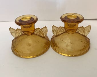 Vintage Pair Amber Sowerby Depression Glass Candle Stick Holders- Flowers and Butterflies- 1930'S