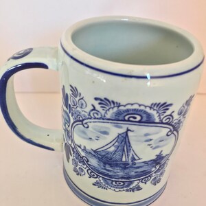 Vintage Blue Delftsblaum Beer Small Stein Coffee Mug Clipper Ship Windmill 4 tall Great Condition-Hand Painted image 5