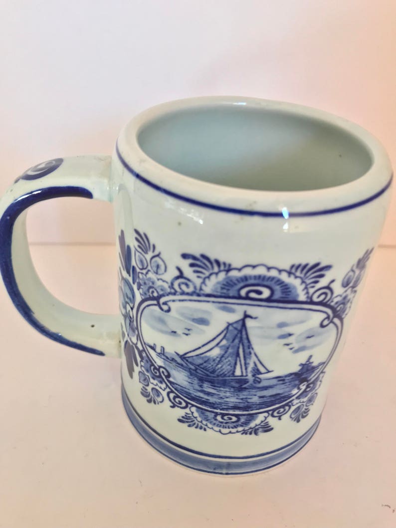 Vintage Blue Delftsblaum Beer Small Stein Coffee Mug Clipper Ship Windmill 4 tall Great Condition-Hand Painted image 5