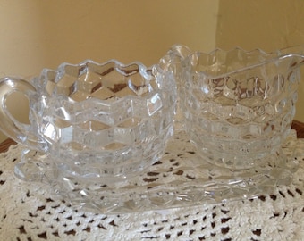 Vintage Sugar Bowl and Creamer w/ Tray Fostoria Style " American Pattern" Cubist Pattern Glass