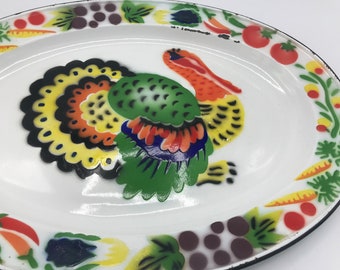 Vintage Enamel Tin Colorful 18"x14" Oval Turkey Platter- prêt pour Thanksgiving