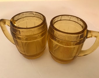 Vintage pair of  Amber Glass Mugs Barrel Shaped for  Shots, Cordial or Sherry- 2 1/2" tall