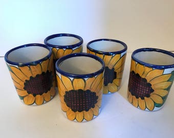 Vintage Mexican Talavera Pottery Cups (Lead Free) Sunflower Design--Hand Made