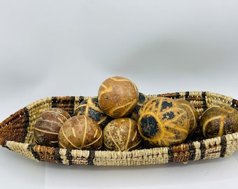 Vintage African Oblong Shallow Basket  Shades of Brown and (9) Carved Seed Balls -great Condition