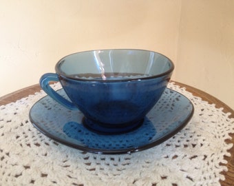Vintage Smokey Blue Tea Cup and Saucer-from Vereco France- Great Condition