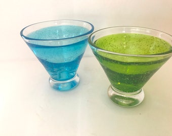 Vintage (2) Aqua Blue and Green Color Hand Blown Swirl Bubble Design Rocks Glasses, - 8 ounces