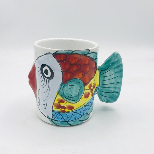 Vintage Kissing Fish Mug with Fin Handle Bright Colored Hand Painted in Italy- Tropical