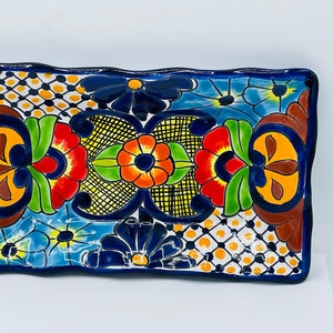 Mexican Talavera Pottery tray Shallow Bowl Plate--Signed Mexico-Hand Made-Lead Free Decorative-Cobalt Blue and Yellow- Bright Colors 8&quot;