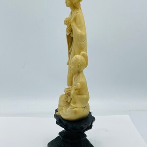 NORLEANS 10 Carved Resin Figurine Asian Woman Boy Playing Sitar Ivory-Look Wood Stand Nice Condition image 3