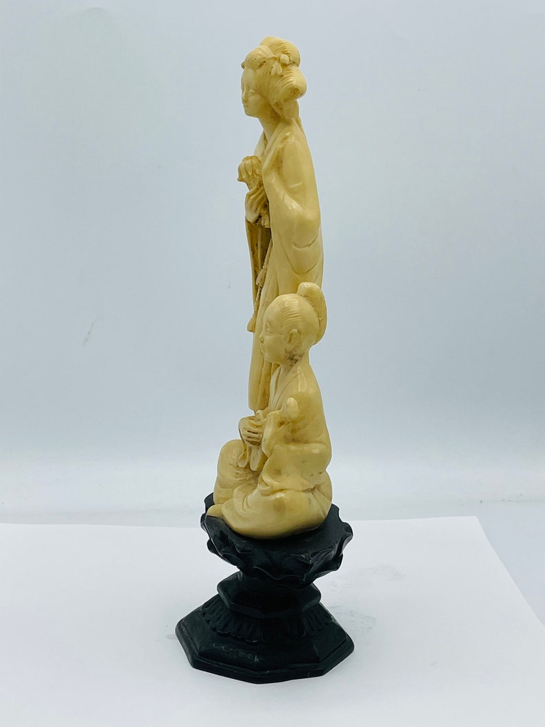 NORLEANS 10 Carved Resin Figurine Asian Woman Boy Playing Sitar Ivory-Look Wood Stand Nice Condition image 3