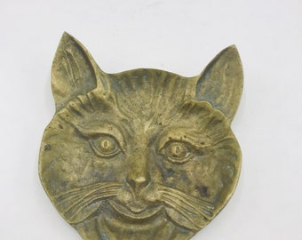 Vintage Brass or Bronze Cat  trinket jewelry coin  tray featuring- face of a Cat- Cat Lover Gift