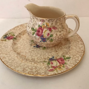 Vintage H & K Tunstall Made in England  6 1/2&quot; Salad Plate Plate and Creamer Gold  Rose Flowers