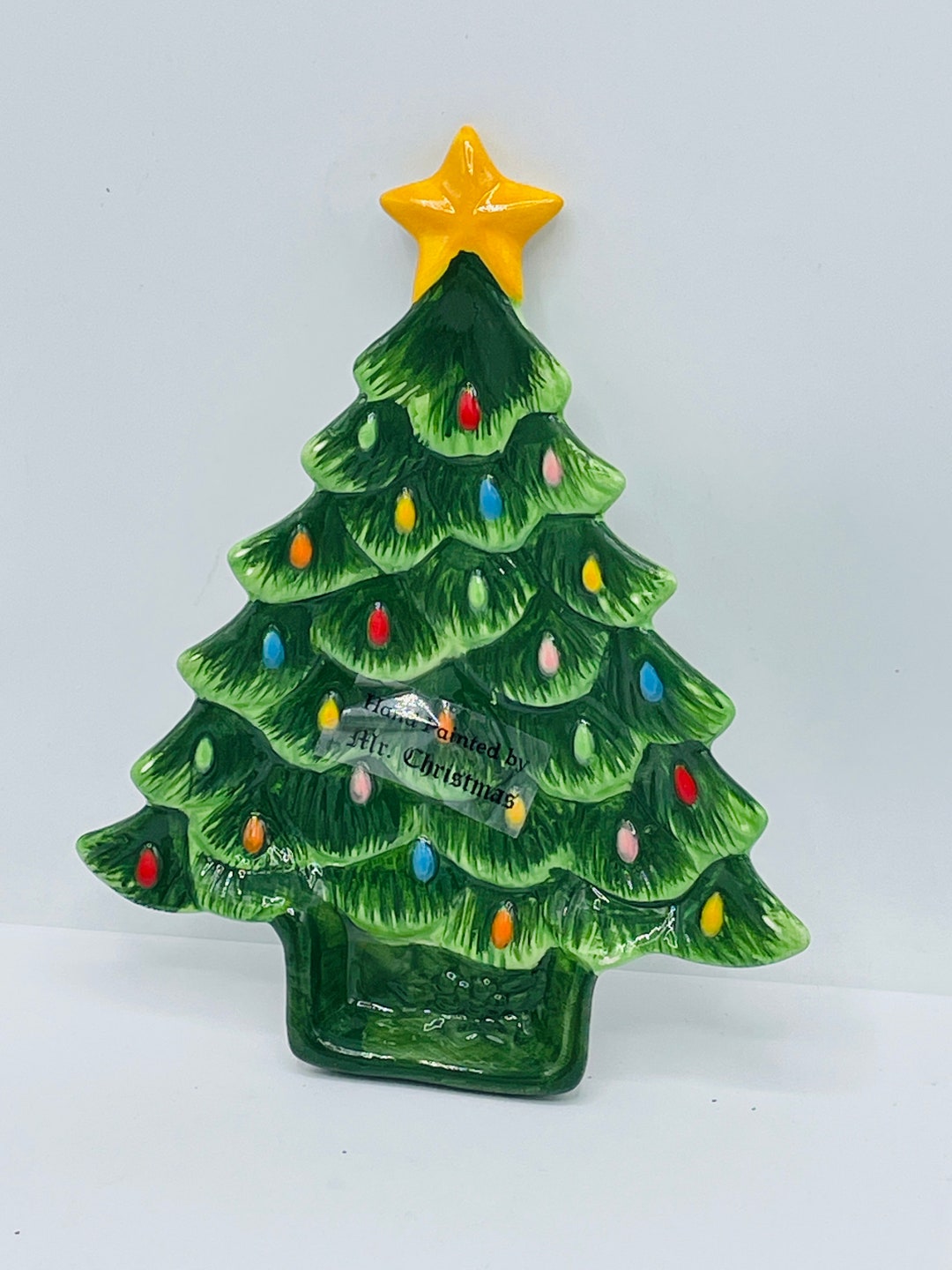 Mr Christmas Tree Shaped Dish Plate Hand Painted Lights Ceramic Mr christmas tree shaped dish plate hand painted lights ceramic